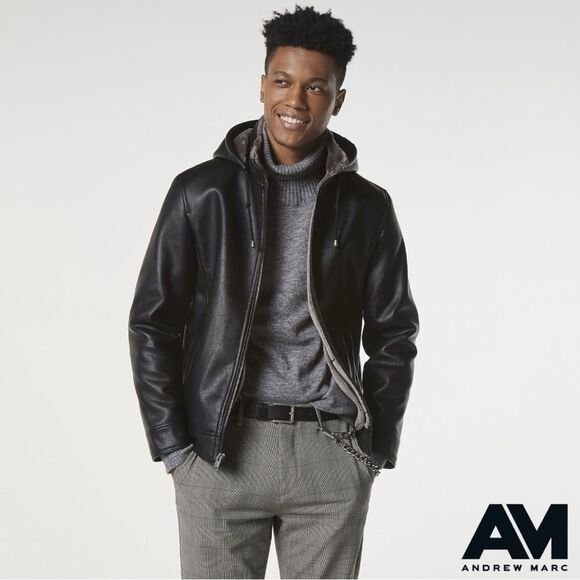 Andrew Marc **NWT**  Men's Jutland Faux Shearling-Lined Moto Jacket in Black - Picture 4 of 10